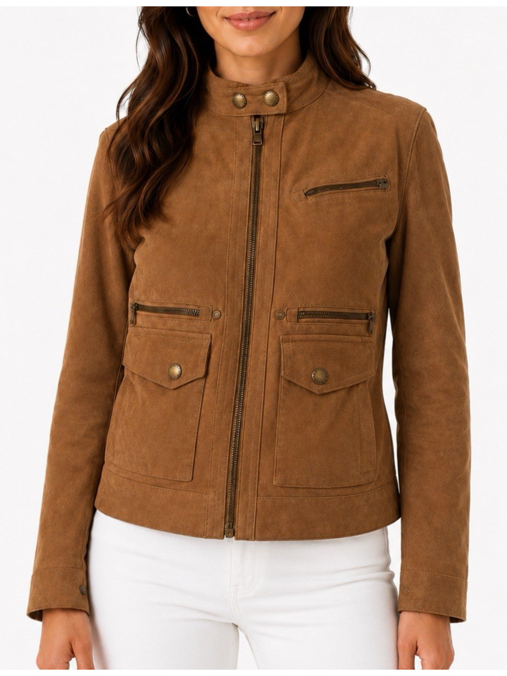 Lauren Ralph Lauren Brown Suede Leather Jacket Beige Zip Front Pockets Lined S